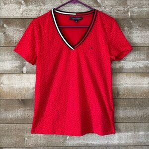Tommy Hilfiger Red Short Sleeve V-Neck Top with Navy Trim